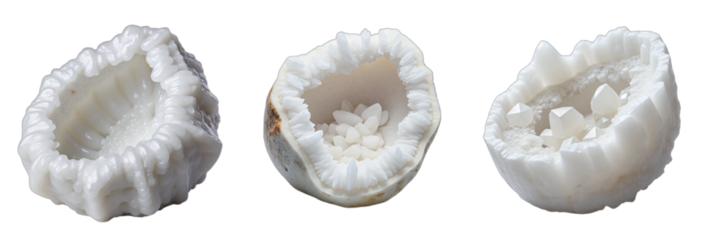 Crystalline Cross-Sections – White Organic Structures with Hollow Fossilized Interiors for Science Backgrounds and Geology Concepts