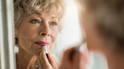 Senior woman applying lipstick looking in mirror