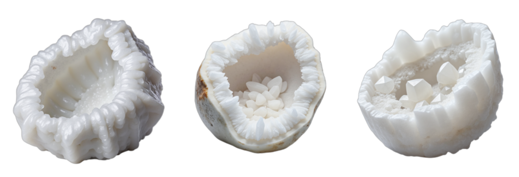 Crystalline Cross-Sections – White Organic Structures with Hollow Fossilized Interiors for Science Backgrounds and Geology Concepts