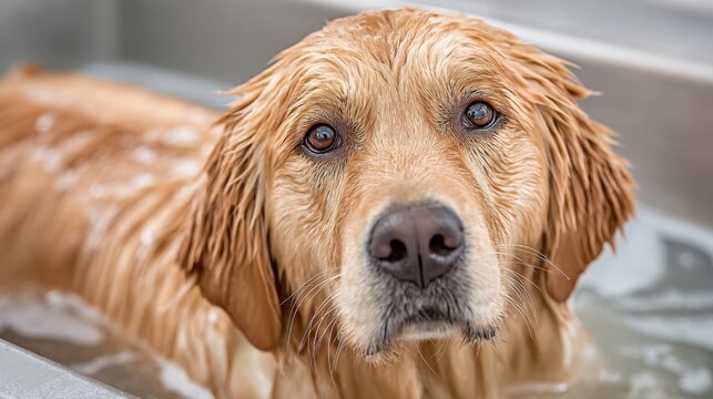 Wet golden retriever with a sad expression, getting a bath, in a grooming tub - Powered by Adobe