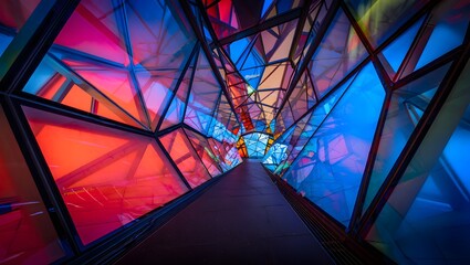Fototapeta premium Abstract geometric tunnel of vibrant colored light panels