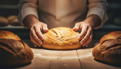 Baker's hands carefully holding a golden-crusted, freshly baked artisan bread loaf on a rustic wooden table in a warm bakery setting.