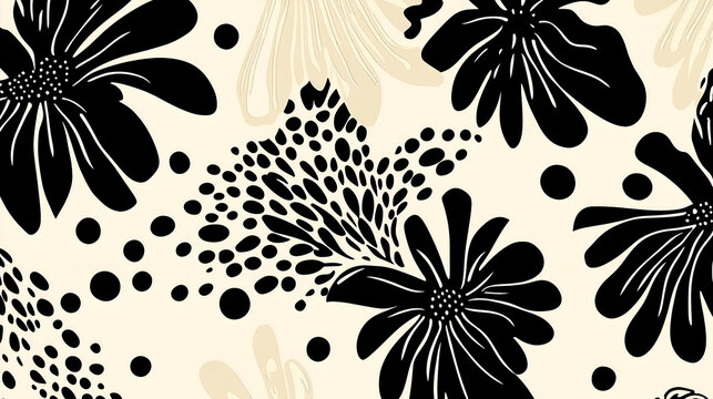 Vector background in modern fauvist style. Abstract black floral shapes scattered chaotically on a beige backdrop. Bold, expressive and organic design with artistic, minimal vibes.