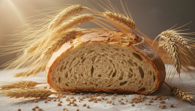 A rustic loaf of freshly baked sourdough bread, sliced in half to reveal its airy crumb, surrounded by wheat stalks and grains.