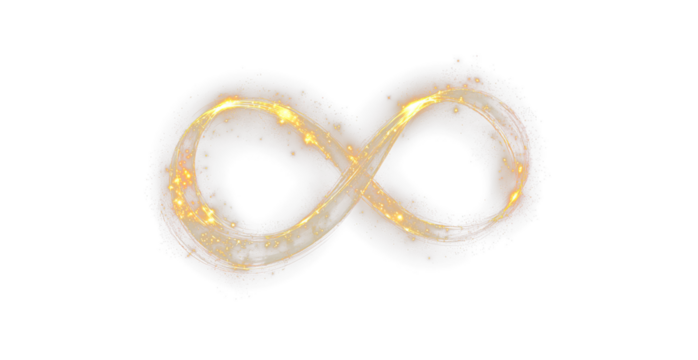 Futuristic golden infinity symbol glowing inside abstract vector design of modern digital art.
