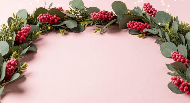 A festive Christmas garland with eucalyptus leaves and red berries forming a border. Holiday decoration on a modern pink background with copy space