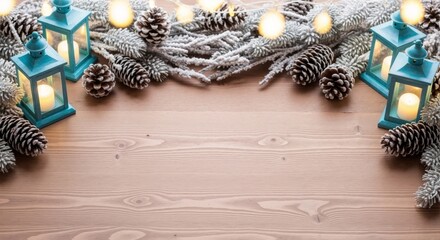 Christmas decoration border with blue lanterns and pinecones on a wooden background. Festive winter frame with snowy fir branches and glowing lights for copy space