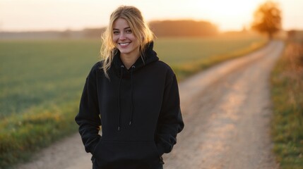 Black, worn by 30 year old woman smiling walking on a country road. The Classic Unisex Pullover Hoodie
