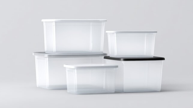 Transparent storage containers stacked in various sizes, featuring clear plastic material with black and white lids, ideal for organizing household items and enhancing decluttering efforts