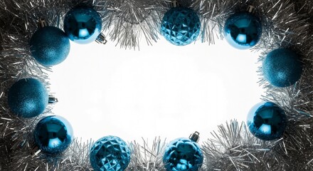 Festive Christmas border with blue ornaments and silver tinsel. Holiday decoration frame on a white background with copy space for text