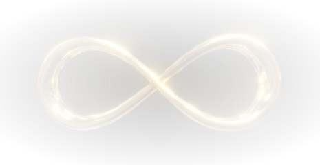 Futuristic golden infinity curve glowing softly in abstract technological atmosphere of light and strength.
