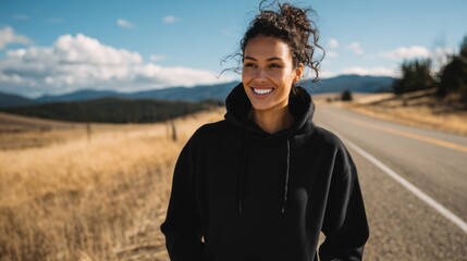 Black, worn by 30 year old woman smiling walking on a country road. The Classic Unisex Pullover Hoodie
