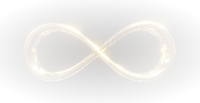 Futuristic golden infinity curve glowing softly in abstract technological atmosphere of light and strength.
