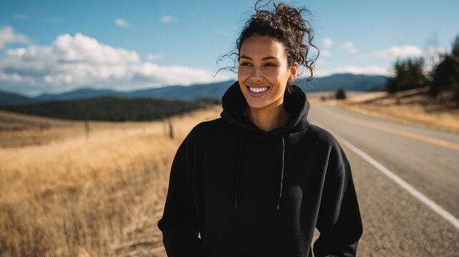 Black, worn by 30 year old woman smiling walking on a country road. The Classic Unisex Pullover Hoodie
