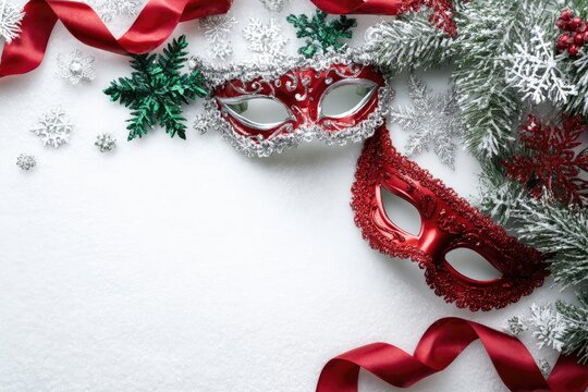 Festive flat lay with masquerade masks, ribbons, snowflakes, and evergreen branches
