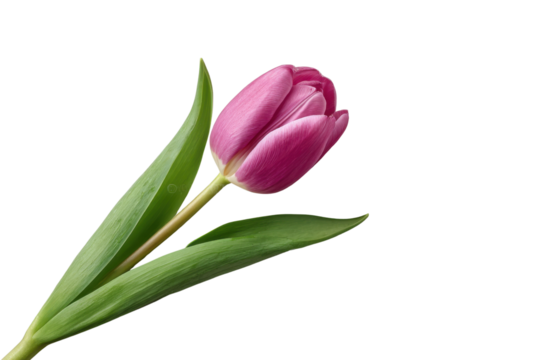 Single pink tulip flower with green leaves against a black background bloom blossom, Png, Isolated on Transparent Background, Cut Out