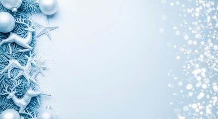 Elegant Christmas background with a border of blue and silver decorations. Winter holiday flat lay with ornaments, reindeer, and bokeh lights with copy space.