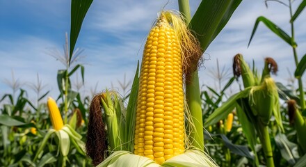 Close-up of ripe yellow corn on the stalk in an agricultural field ready for harvest.