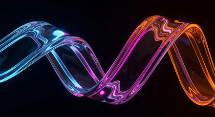 A sleek, abstract, Mobius-like ribbon or flowing glass shape, illuminated by vibrant neon colors like electric blue, magenta, and orange, twists elegantly against a deep black background, showcasing c