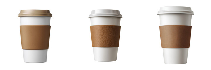 Collection of white paper coffee cup with a brown sleeve isolated on a transparent background