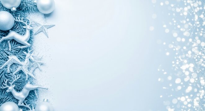 Elegant Christmas background with a border of blue and silver decorations. Winter holiday flat lay with ornaments, reindeer, and bokeh lights with copy space.