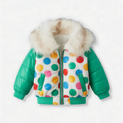 Polka Dot Puffer Jacket with Fur Trimmed Hood