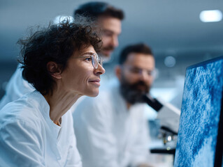 Focused team in a modern laboratory setting, analyzing results on a monitor. Depicts innovation, research, and scientific discovery. Ideal for medical and tech content.