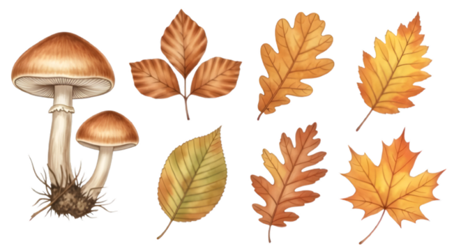 PNG Watercolor Texture: Design of Various Types of Tree Leaves element set on transparent background