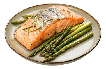 Cooked Salmon with Asparagus – Seasoned Fillet and Herbs on Plate for Healthy Recipes and Food Blogs