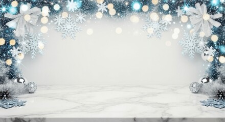 Elegant Christmas background with a marble tabletop for product display. Winter holiday scene with silver and blue decorations, snowflakes, and bokeh lights. Festive mockup template with copy space