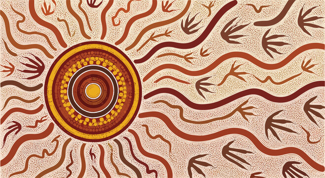 Authentic Aboriginal art painting with earthy tones and symbolic elements, cultural heritage and indigenous design, warm color palette