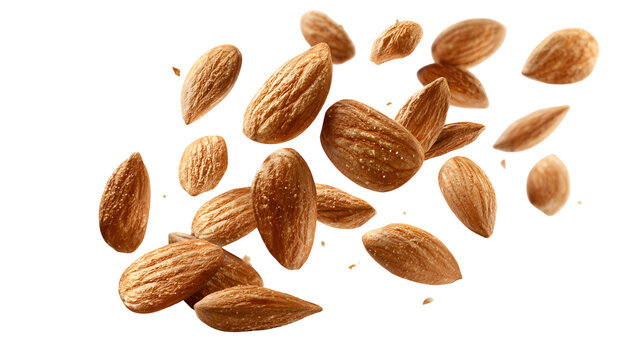 Scattered raw almonds in mid air isolated on transparent background