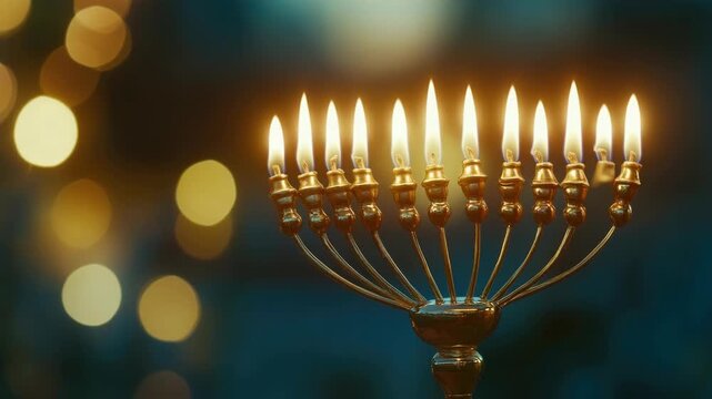 A warmly lit Hanukkah candelabra with a golden candle.