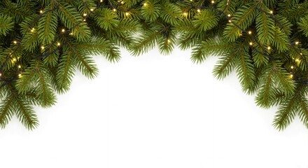 Christmas tree branches with glowing string lights forming a festive frame. Holiday border isolated on a white background with copy space for text.