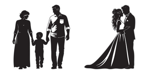 Family and Wedding Couple Silhouette Illustration