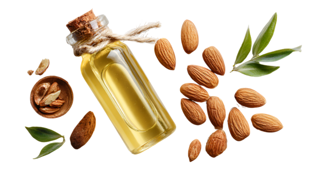 Golden almond oil in a glass bottle with whole and shelled almonds and green leaves isolated on transparent background