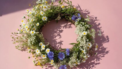 Colorful floral wreath on a wooden ring, perfect for spring weddings and events. Includes a variety of flowers to create a vibrant, lively arrangement.