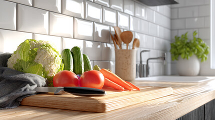 Fresh vegetables on cutting board in modern kitchen healthy eating and cooking concept lifestyle