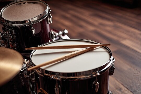 A closeup of a drum set, featuring a snare drum with sticks on top, and a cymbal in view