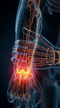 Painful Wrist: Medical illustration of a human wrist, the intricate network of nerves and bones highlighted, emphasizing the area of pain.