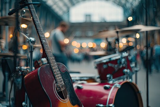 Close-up of an acoustic guitar with drums and a blurred musician in a concert setting - Powered by Adobe