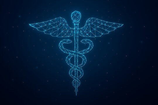 Glowing blue caduceus symbol on dark background digital art