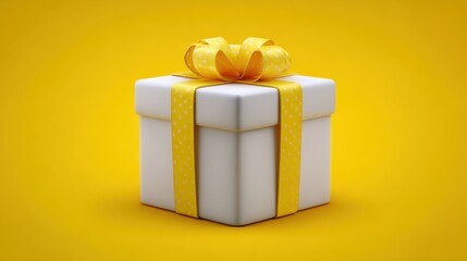 White gift box with yellow polka dot ribbon for a cheerful celebration, offering a surprise present on a bright yellow background, representing holidays, birthdays, and special occasions