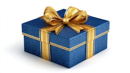 Obraz premium Blue patterned gift box tied with a luxurious golden ribbon and bow, representing concepts of giving, presents, surprise, and joy for events like birthdays
