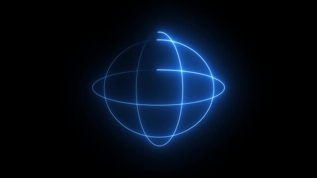 Glowing neon blue color Loop animation of an atom on clean black background 4k video .Dynamic glowing neon lights atom model. Abstract atom or animation rotation around nucleus. Concept of sci .4k..