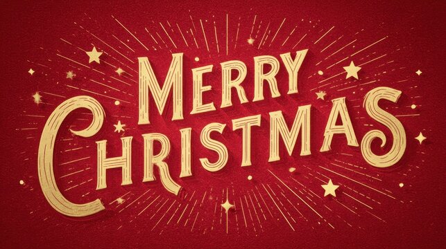 Merry christmas message in golden retro typography with starburst rays and sparkling stars on a rich red textured background  festive, elegant holiday greeting design