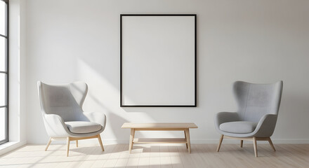 Design a modern living room with a blank picture frame for your art or motivational quotes, two chairs, and a bench in a serene light-filled space interior