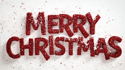 Merry christmas text with red glitter letters and sparkling snow, celebrating winter holiday season, conveying festive greetings and joy on a clean white background