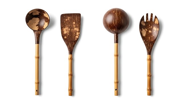 Wooden kitchen utensils on white background