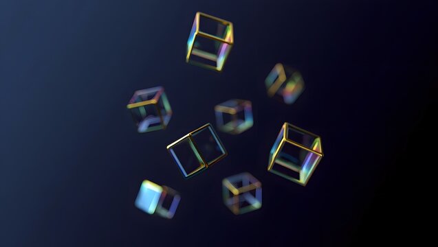 Abstract geometric shapes reflecting light on a dark background